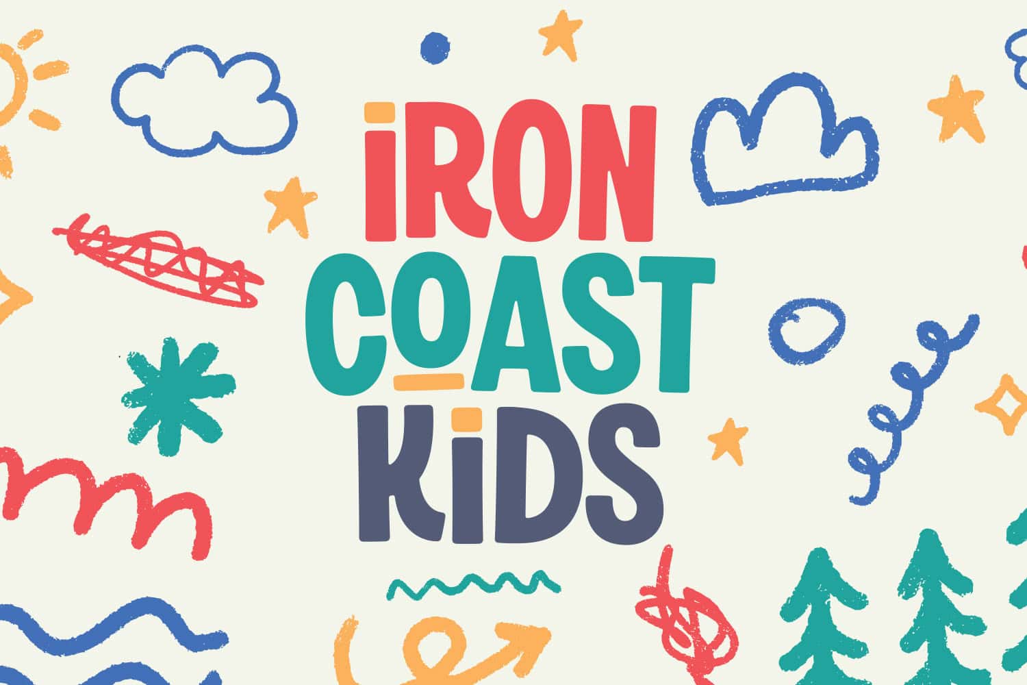 Iron Coast Kids — playful colorful hand-drawn children's brand with clouds and stars
